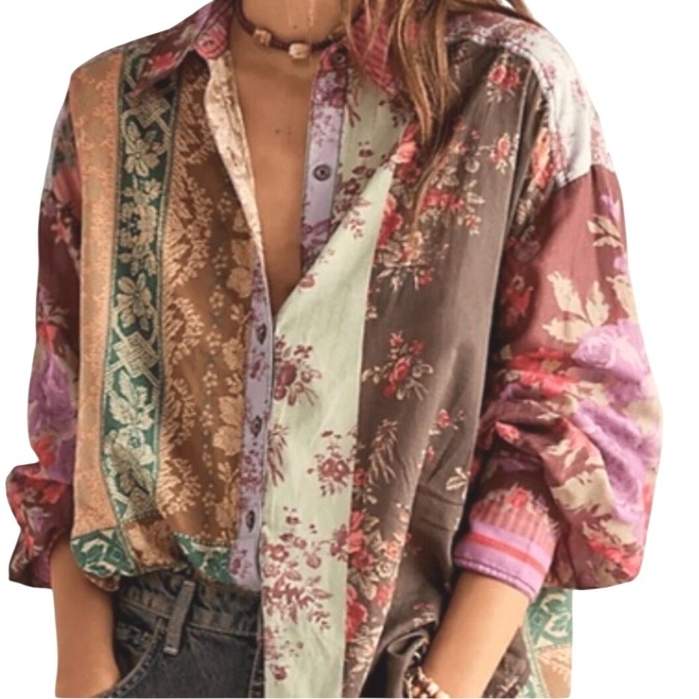 WE THE FREE FREE PEOPLE FLOWER PATCH BLOUSE OVERSIZED BOHO TOP SZ S